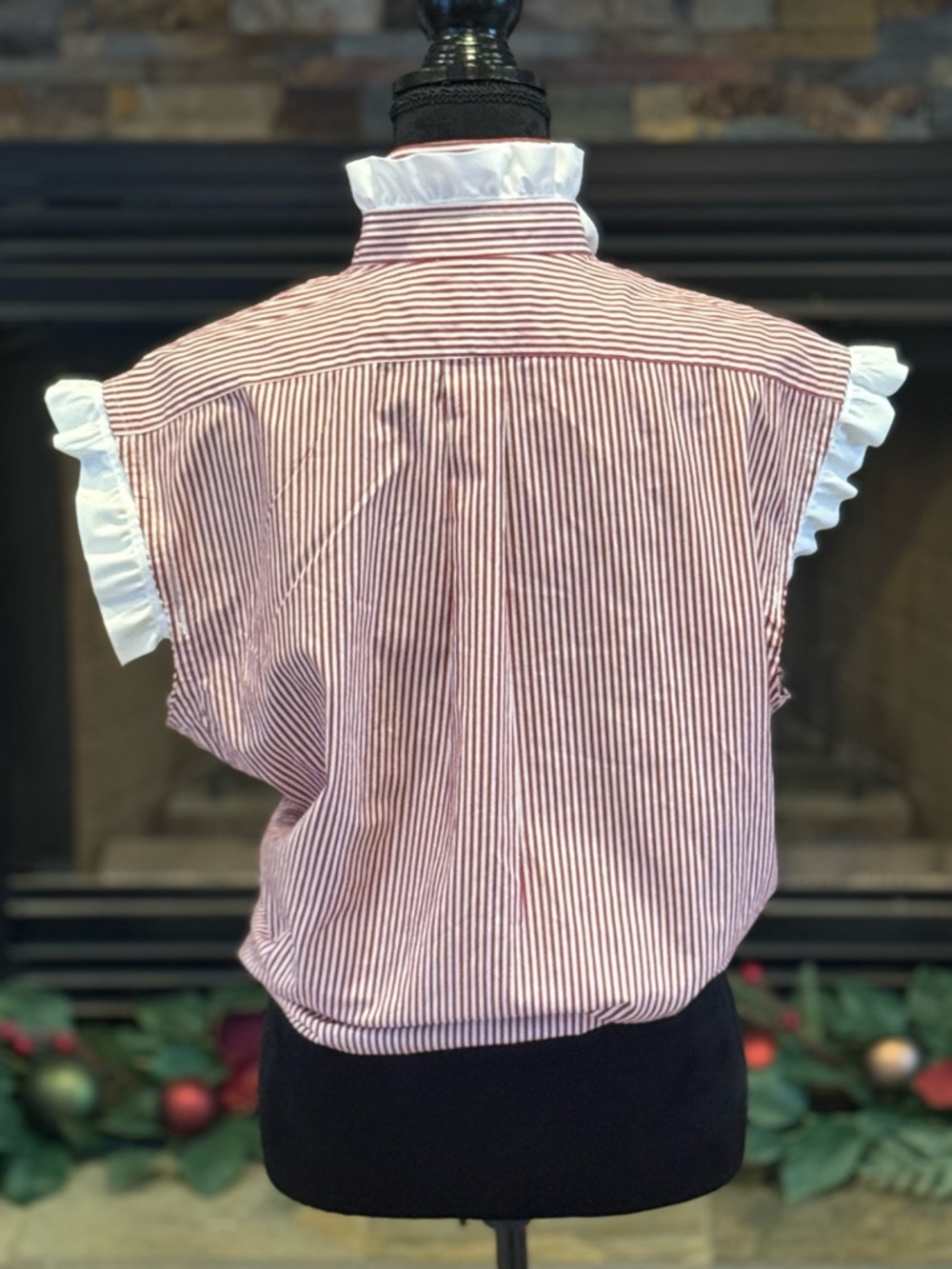 Upcycled Ralph Lauren Red & White Striped Sleeveless Shirt - Picture 3 of 5